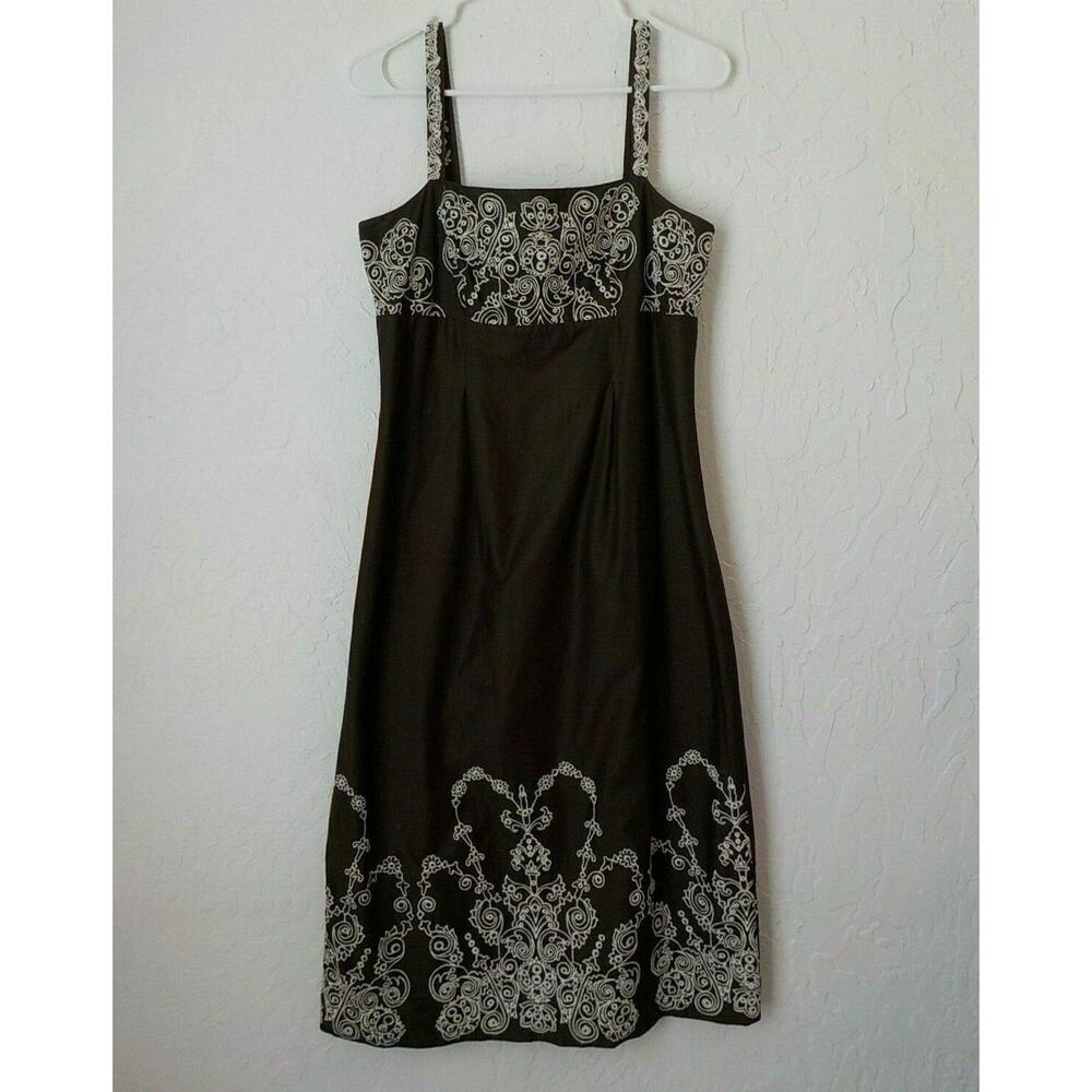 Isaac Mizrahi Target Brown Sheath Dress 8 Straps Embroidery Zip Up 100% Cotton